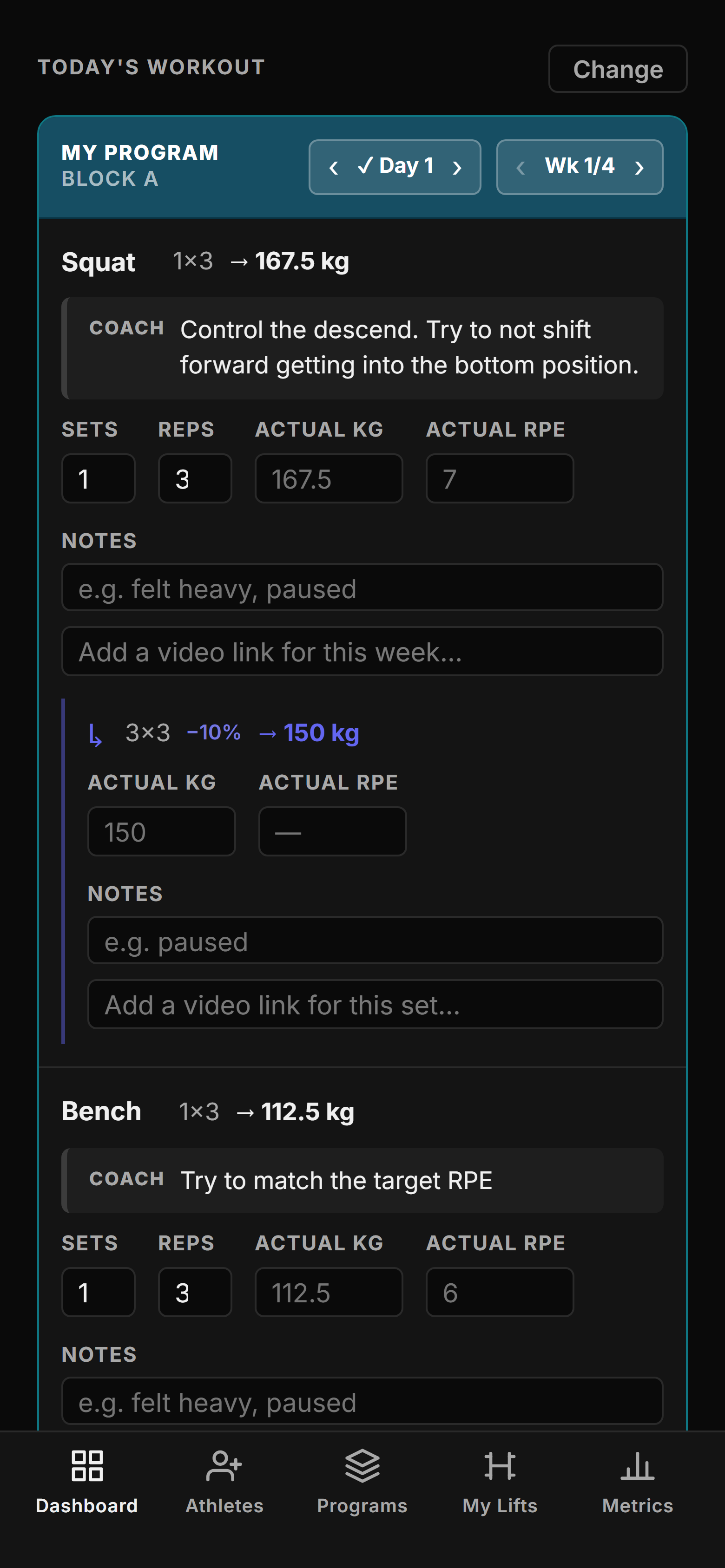 PrimedLifter mobile dashboard: today's workout card with Squat and Bench, per-set logging fields, and the bottom navigation bar.