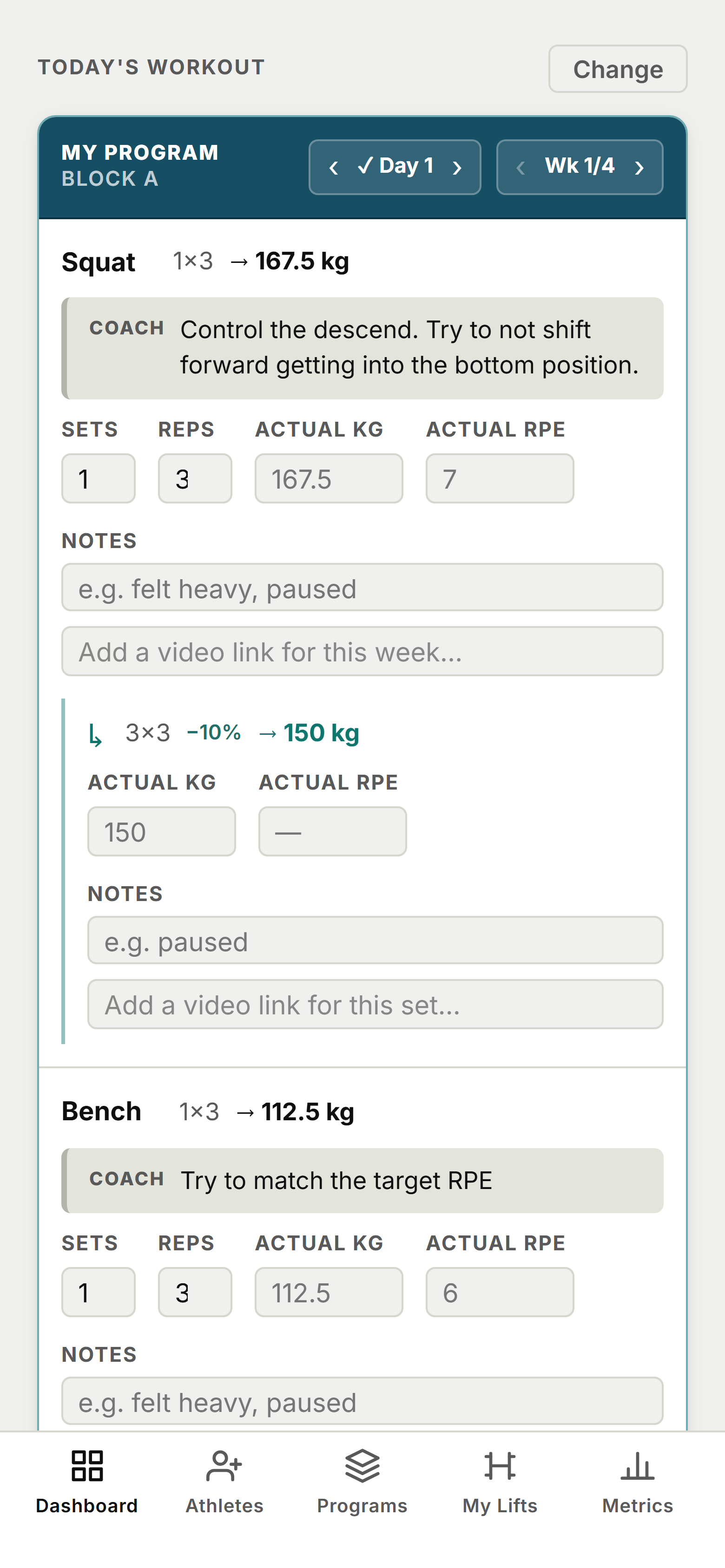 PrimedLifter mobile dashboard: today's workout card with Squat and Bench, per-set logging fields, and the bottom navigation bar.